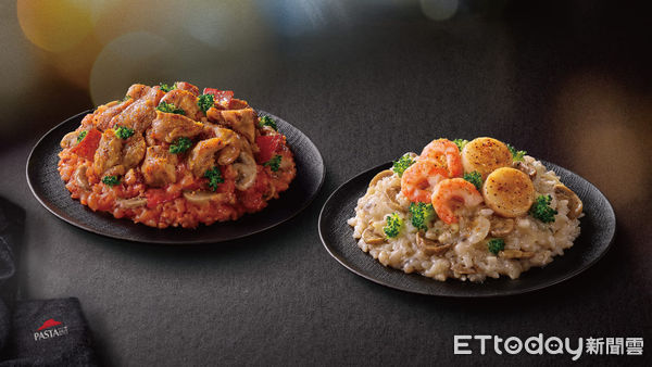 ▲▼必勝客「Pasta Hut」推出「松露鮮蝦干貝燉飯」、「炙燒嫩雞腿紅醬燉飯」，還有全新副食「鮮貝魷魚棒」。（圖／業者提供）