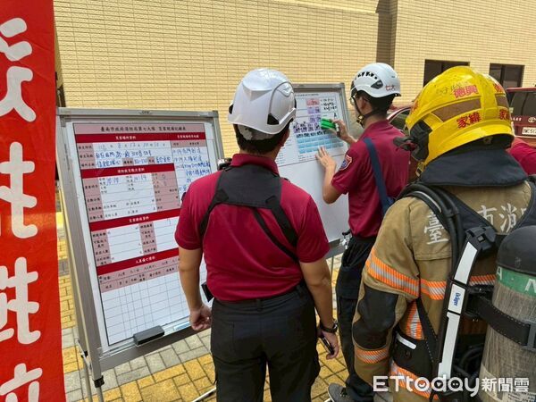 ▲台南市消防局第七大隊於12日與佳鋐城心大樓攜手，辦理火災應變搶救演練。（圖／記者林東良翻攝，下同）