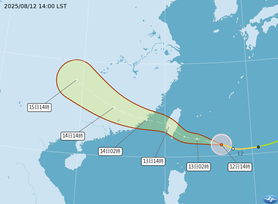 ▲▼中度颱風楊柳路徑潛勢預報。（圖／氣象署）