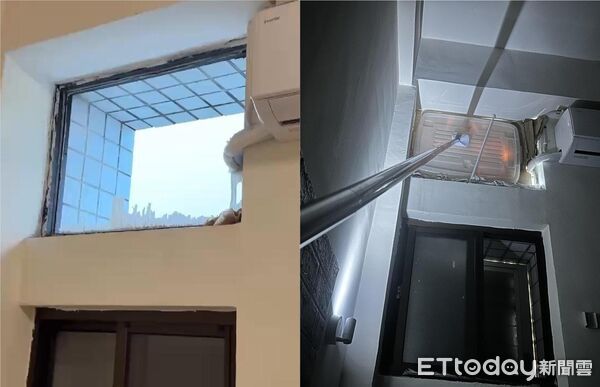 ▲▼台東民眾家中冷氣旁被吹出大洞，只能先以晾衣桿撐著紙板，避免風雨灌入。（圖／記者楊晨東翻攝）
