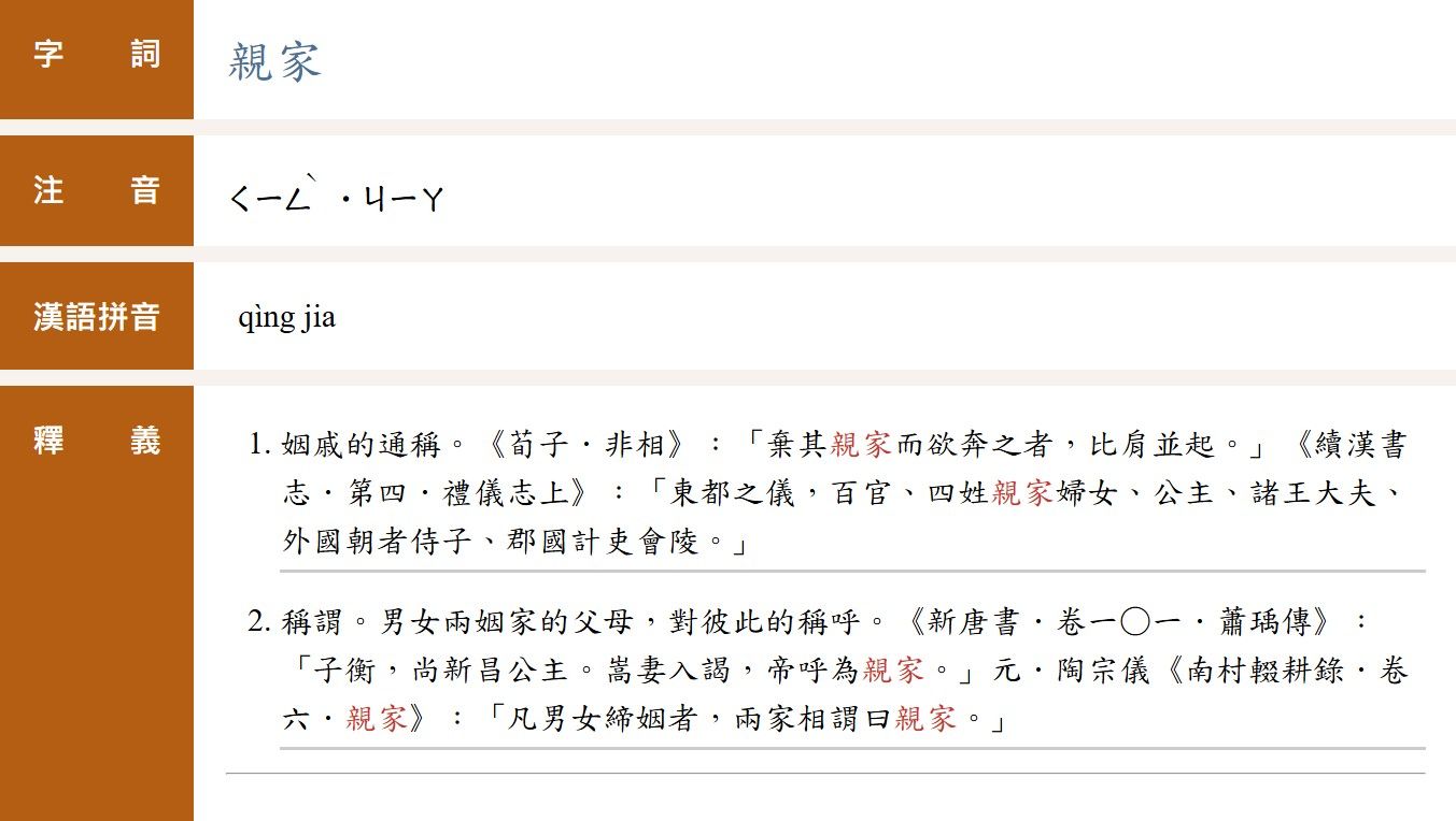 ▲親家注音正確讀音。（圖／翻攝自教育部重編國語辭典修訂本）