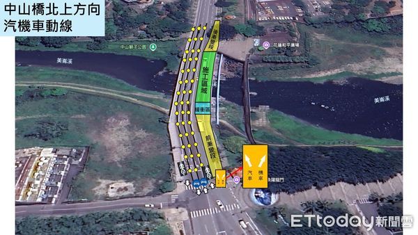 ▲▼中山橋施工期間汽機車南北向動線示意圖。（圖／花蓮縣政府提供，下同）