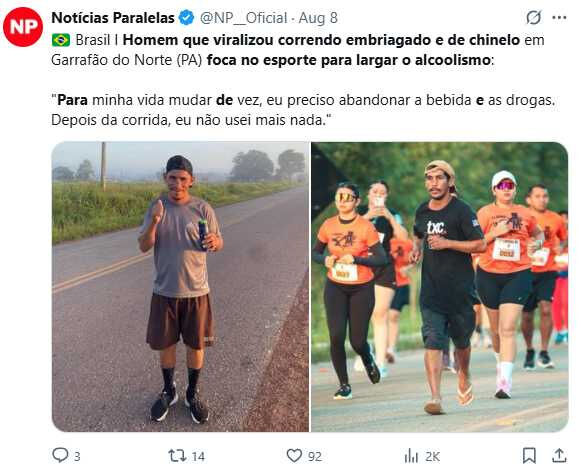 巴西男子穿拖鞋酒後跑8公里爆紅　戒酒戒毒立志成為長跑選手