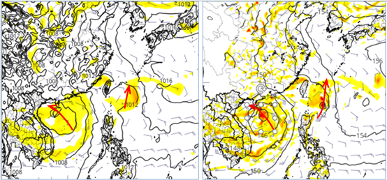 ▲▼南海有「熱帶擾動」醞釀；歐洲模式(ECMWF左圖)及美國模式(GFS右圖)模擬皆偏西北往海南島方向進行。此外，台灣東南方有另一「熱帶擾動」醞釀，偏北遠離。（圖／洩天機教室）