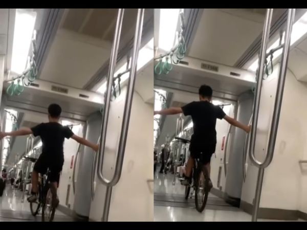 ▲高雄猴在捷運車廂內耍特技。（圖/翻攝自threads/cn.h__）