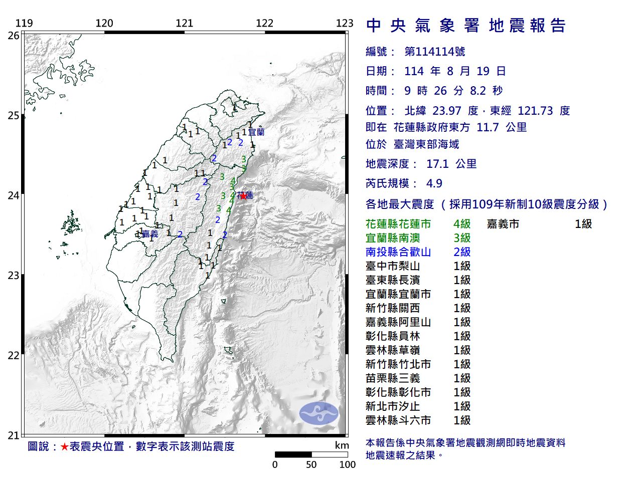 快訊／09:26台灣東部海域規模4.9「極淺層地震」　最大震度4級