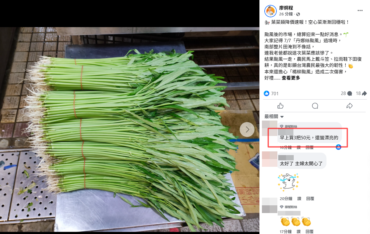 ▲空心菜價格漸漸回穩。（圖／翻攝自臉書／廖炯程）