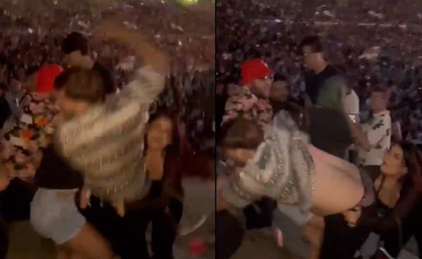不小心潑到飲料　女觀眾演唱會遭恐怖男「出拳狂揍」打昏在地上。（圖／翻攝自X）