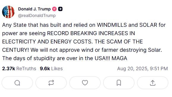 ▲▼川普公開反對風電、太陽能　怒轟「世紀騙局」讓電價創新高。（圖／翻攝真實社群）