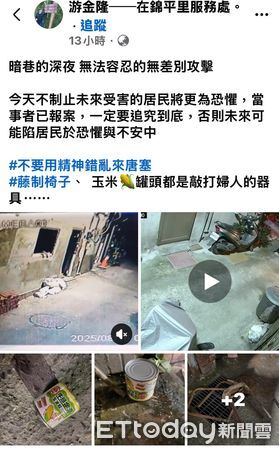 ▲▼台中婦女半夜遭半裸男子持玉米罐頭狂砸頭部。（圖／翻自游金隆臉書）