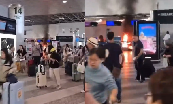 義機場報到櫃台傳出大火　男「縱火還揮舞鐵槌」遊客提行李逃命。（圖／翻攝自X）