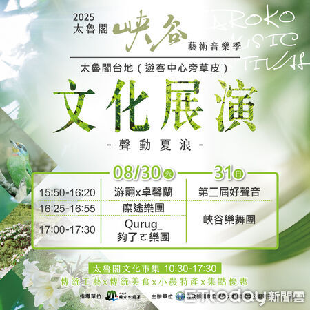 ▲▼8月底2場活動有糜途樂團、夠了ㄛQurug 樂團、第一屆《好聲音》冠軍，以及峽谷樂舞團木琴、舞蹈與第二屆亞軍團體，帶來充滿熱力與節奏的夏日開場。（圖／太管處提供，下同）