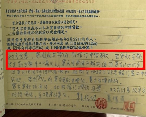 小凱簽訂合約時，特別註明但書「如在7/6前銀行貸款不足900萬，買方可無條件退回買方價金。」（讀者提供）