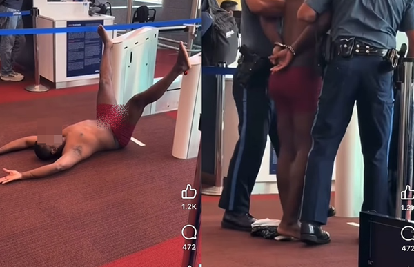 等待登機男乘客突然脫衣　裸體在機場「亂舞做瑜珈」詭異畫面曝。（圖／翻攝自Facebook）