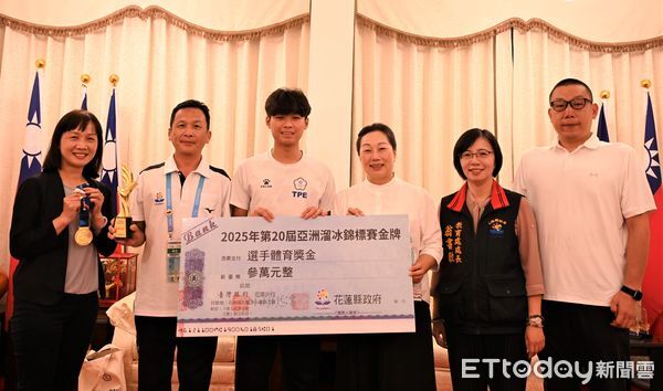 ▲▼楊凱崴奪下亞洲溜冰錦標賽「速度過椿」項目冠軍，獲縣長徐榛蔚親自接見，表揚卓越表現。（圖／花蓮縣政府提供，下同）