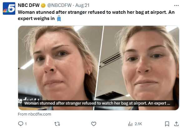 女子機場請陌生人幫看行李遭拒！影片爆紅掀安全爭論　專家：別碰別人行李