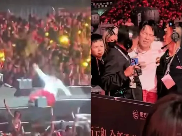 ▲▼楊宗緯重摔2公尺高舞台，被抬離時表情痛苦。（圖／翻攝自微博）