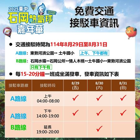 ▲▼台中石岡熱氣球8月29日升空三天，警方公布接駁車和停車資訊。（圖／東勢警分局提供，下同）