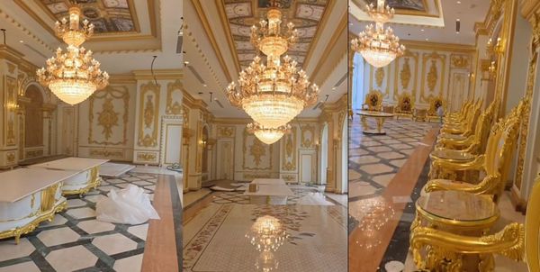 胡漢龑搶先公開新總部內部的奢華裝潢，大廳懸吊華麗的水晶吊燈。（翻攝臉書粉專@翻攝啟德機械起重工程-股公司）