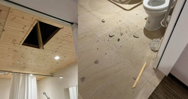 民眾控訴飯店廁所天花板有石塊掉落，差點釀意外。（圖／翻攝自臉書社團／好想住飯店 好康.踩雷不藏私）