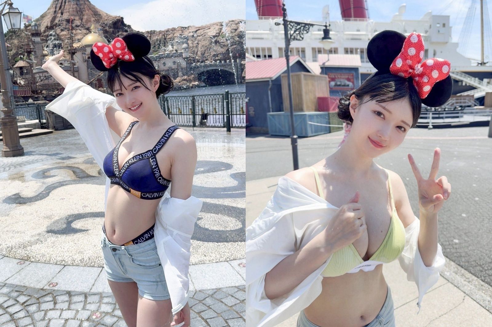 1名櫻花妹日前在東京迪士尼海洋拍攝並發布穿著暴露的照片與影片，在社群媒體上引發熱議。（翻攝自@uta_0609 X）