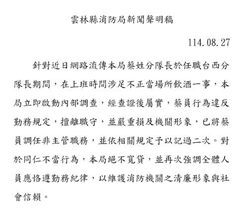 ▲現任東勢消防分隊長的蔡姓分隊長，遭爆任職於台西消防分隊長期間在值勤時外出餐敘。（圖／記者游瓊華翻攝）