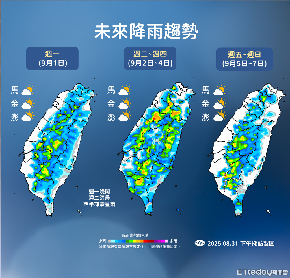 明天午後2地防較大雨勢　低壓周三北上「全台水氣增」