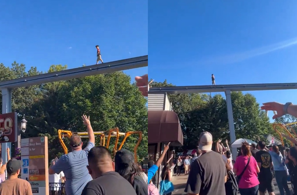 遊樂園和爸媽走散　男童獨自走在「30公尺高鐵軌上」驚險畫面曝。（圖／翻攝自X）