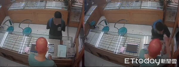 ▲少年佯稱要購買金項鍊，卻出手搶（圖右）但被老闆擋下，沒搶成就逃掉。（圖／記者游芳男翻攝）