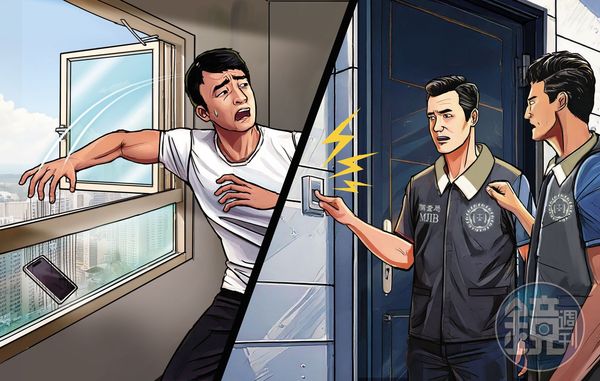 鄭亦麟在檢調登門搜索前一刻，急忙從二十幾樓住處窗外將蘋果手機丟出滅證。（AI繪圖Adobe Firefly生成，本刊美術組後製）