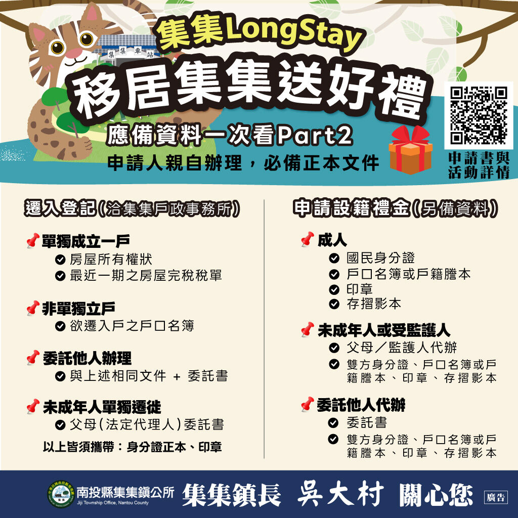▲集集鎮公所推出「集集Long Stay-移居集集(籍)送好禮專案活動」。（圖／集集鎮公所提供）