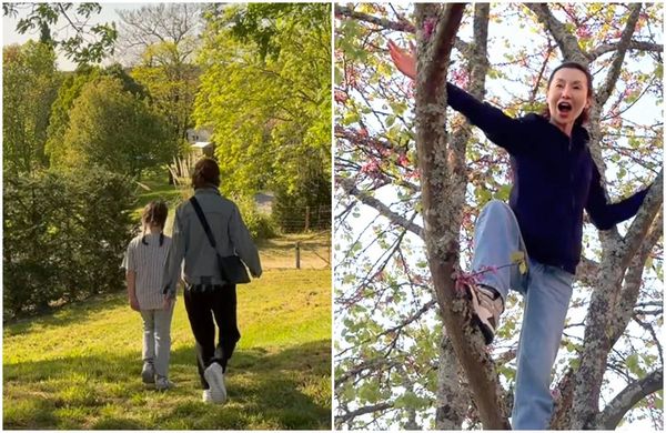 張曼玉在波爾多爬樹，與小朋友在田園散步，相當愜意。（翻攝小紅書）