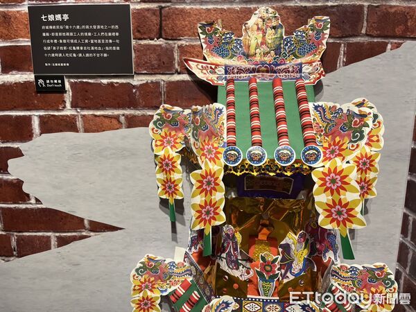 ▲台南市立博物館展出七娘媽亭彩紙〈獻壽進祿〉，呈現古人對家庭與子女的祈福與守護。（記者林東良翻攝，下同）