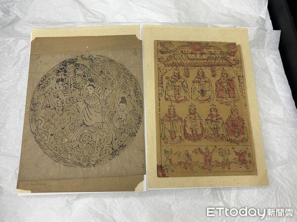 ▲台南市立博物館展出七娘媽亭彩紙〈獻壽進祿〉，呈現古人對家庭與子女的祈福與守護。（記者林東良翻攝，下同）