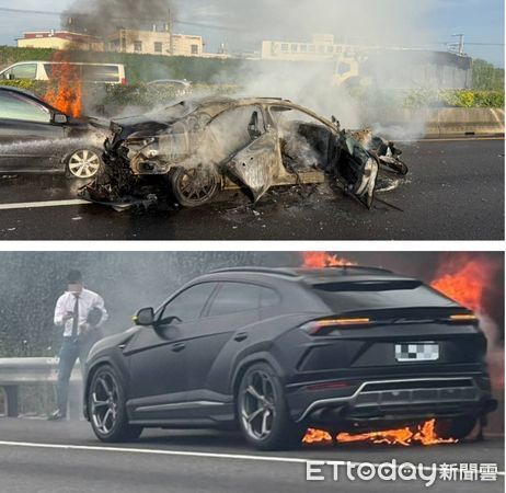 ▲國1南215K火燒車詭異巧合。（圖／(上)賓士車駕駛燒成焦屍；（下）藍寶堅尼駕駛逃出）