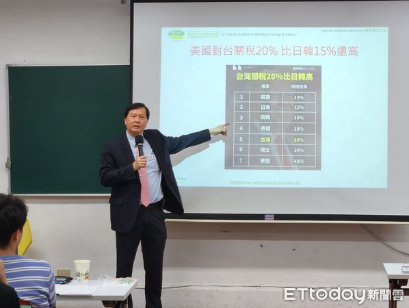 ▲藝群醫學美容集團董事長王正坤醫師於成大企管顧問班分享企業如何避開關稅風暴。（記者林東良翻攝，下同）