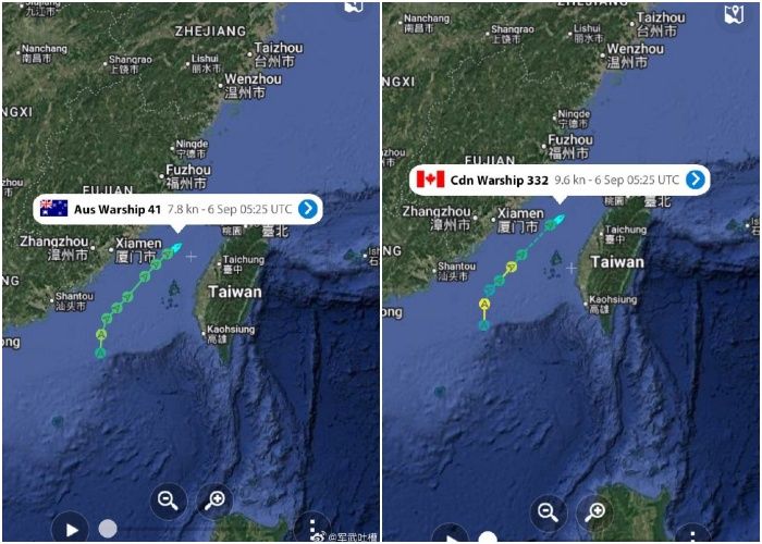 ▲▼加拿大護衛艦魁北克城號和澳洲飛彈驅逐艦布里斯班號穿越台灣海峽。（圖／翻攝自微博／軍武吐槽）