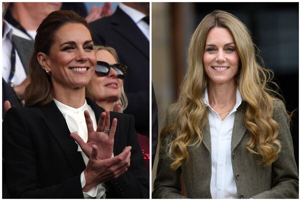 凱特王妃4日以金髮造型亮相（右圖），上週六看球時，悄悄改回棕髮（左圖）。（翻攝princeandprincessofwales IG）