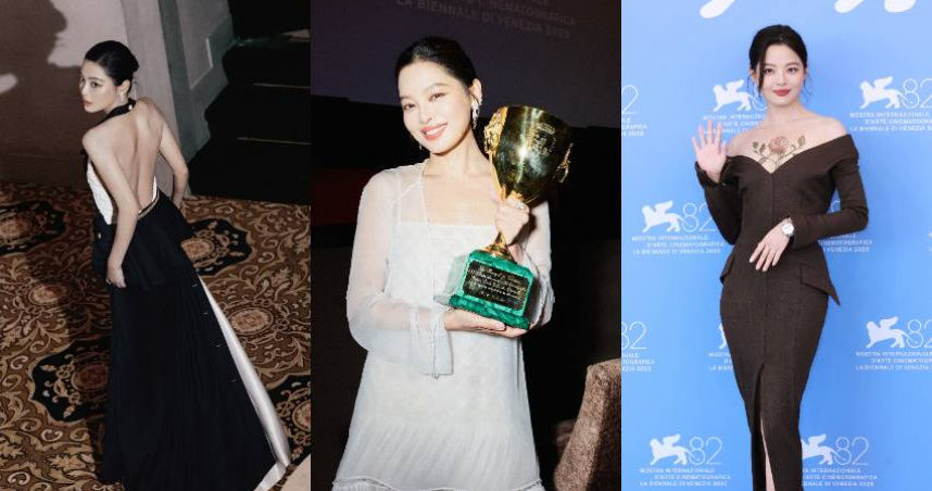 辛芷蕾奪威尼斯影后！紅毯戰袍：削肩露美背、一轉身全網暴動，胸前玫瑰花飆性感天花板