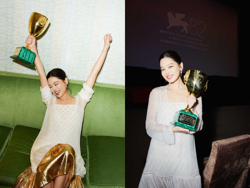 辛芷蕾奪威尼斯影后！紅毯戰袍：削肩露美背、一轉身全網暴動，胸前玫瑰花飆性感天花板