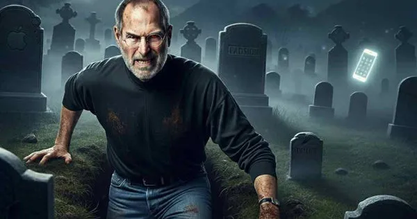 面對iPhone 17的設計，網路社群戲稱「醜到賈伯斯都要從墳墓爬出來」。（AI製圖／Joey Lu提供）