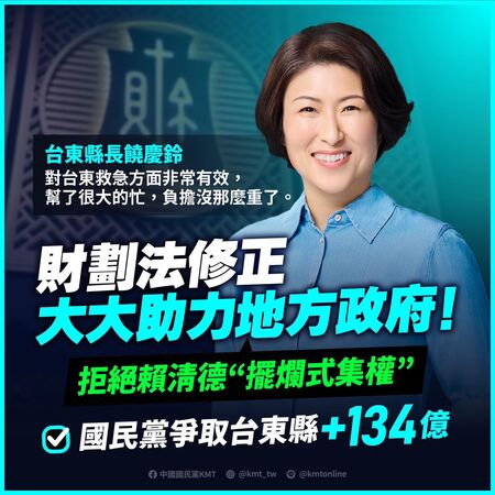 ▲▼國民黨2024年做圖卡指出，「《財劃法》修正大大助力地方政府，拒絕賴清德『擺爛式集權』」。台北市長蔣萬安、新北市長侯友宜、桃園市長張善政、台中市長盧秀燕、基隆市長謝國樑、新竹縣長楊文科、彰化縣長王惠美、南投縣長許淑華、雲林縣長張麗善、嘉義市長黃敏惠、宜蘭縣長林姿妙、花蓮縣長徐榛蔚、台東縣長饒慶鈴、連江縣長王忠銘、苗栗縣長鍾東錦。（圖／翻攝自Facebook／中國國民黨 KMT）