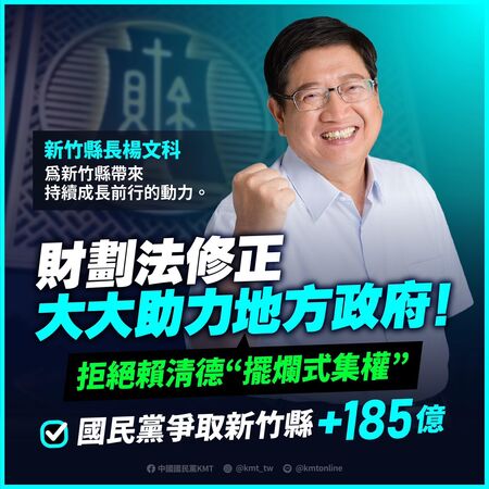 ▲▼國民黨2024年做圖卡指出，「《財劃法》修正大大助力地方政府，拒絕賴清德『擺爛式集權』」。台北市長蔣萬安、新北市長侯友宜、桃園市長張善政、台中市長盧秀燕、基隆市長謝國樑、新竹縣長楊文科、彰化縣長王惠美、南投縣長許淑華、雲林縣長張麗善、嘉義市長黃敏惠、宜蘭縣長林姿妙、花蓮縣長徐榛蔚、台東縣長饒慶鈴、連江縣長王忠銘、苗栗縣長鍾東錦。（圖／翻攝自Facebook／中國國民黨 KMT）
