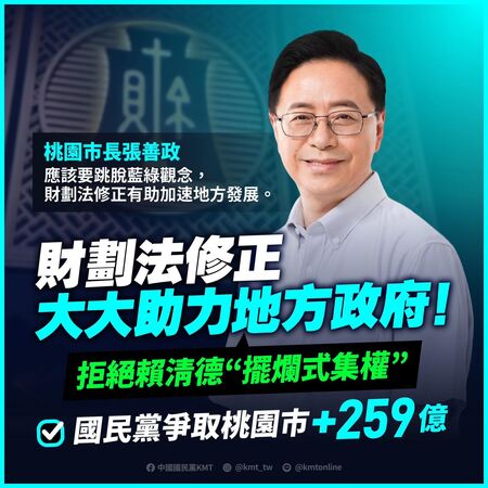 ▲▼國民黨2024年做圖卡指出，「《財劃法》修正大大助力地方政府，拒絕賴清德『擺爛式集權』」。台北市長蔣萬安、新北市長侯友宜、桃園市長張善政、台中市長盧秀燕、基隆市長謝國樑、新竹縣長楊文科、彰化縣長王惠美、南投縣長許淑華、雲林縣長張麗善、嘉義市長黃敏惠、宜蘭縣長林姿妙、花蓮縣長徐榛蔚、台東縣長饒慶鈴、連江縣長王忠銘、苗栗縣長鍾東錦。（圖／翻攝自Facebook／中國國民黨 KMT）