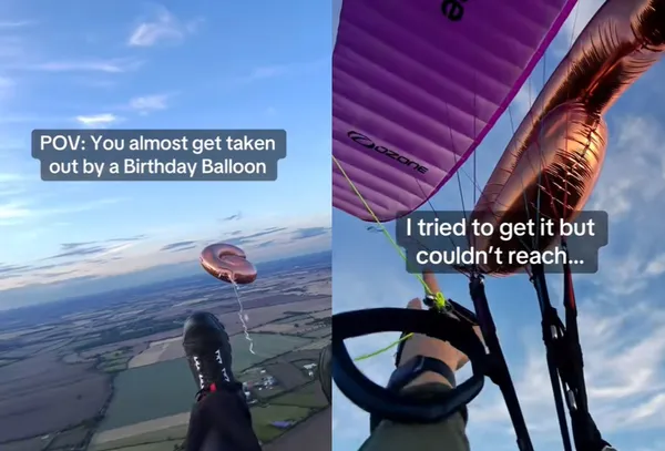 空中版絕命終結站　生日氣球突「纏住滑翔傘裝備」男險死片爆紅。（圖／翻攝自TikTok／thenullhypothesis）
