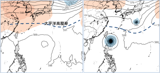 ▲▼最新模擬圖顯示，「太平洋高壓」強度呈現分歧，「熱帶擾動」的發展及動向亦完全不同。（圖／洩天機教室）