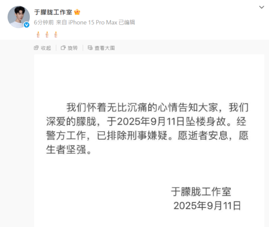 ▲▼《三生三世》于朦朧死訊證實！工作室沉痛發聲。（圖／翻攝自微博／于朦朧工作室）