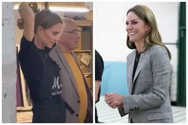 凱特王妃昨參訪紡織工坊（右圖），過程中秀一段「無髮圈綁髮神技」（左圖）。（翻攝princeandprincessofwales IG、X@RoyallyBelle_）