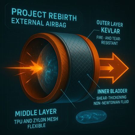 外部氣囊由多層材質組成，外層Kevlar耐火抗撕裂，中層具彈性的TPU網布，內層非牛頓流體在受撞擊時瞬間硬化，猶如飛機的「防撞盔甲」。（翻攝jamesdysonaward.org）