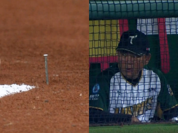 ▲ 一壘三呎線「冒出鐵釘」驚魂！澄清湖開賽就喊暫停       。（圖／截自cpbl.tv）